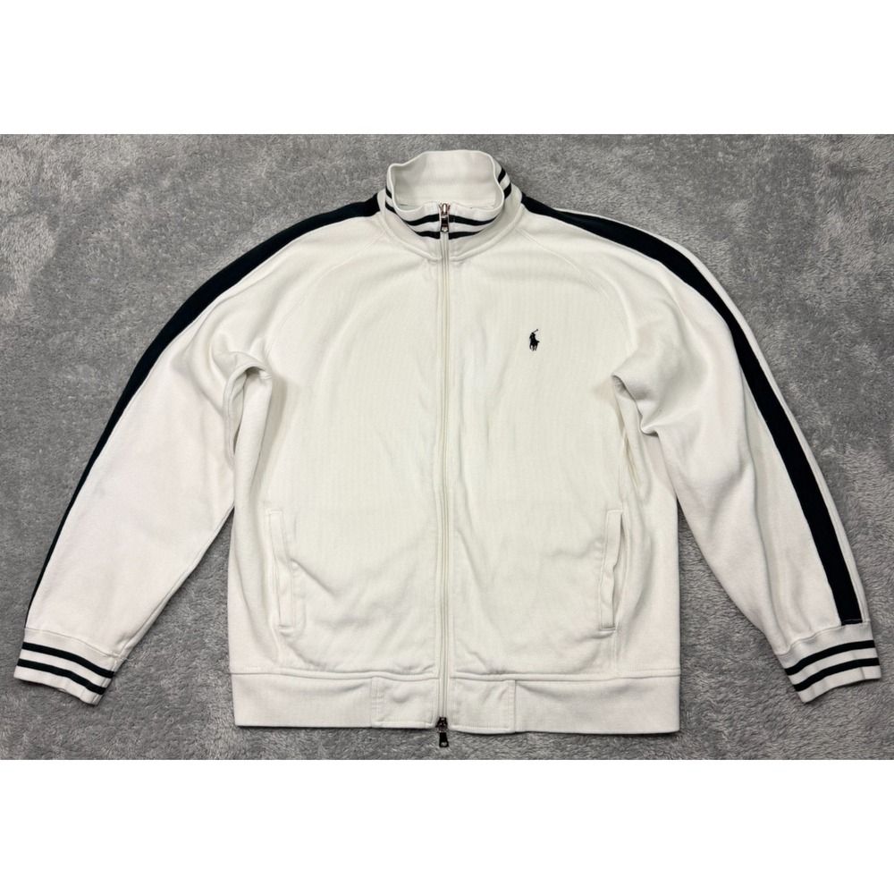 Polo Ralph Lauren Zip Up Mock Neck Sweater Large White Navy Blue Cotton Vintage